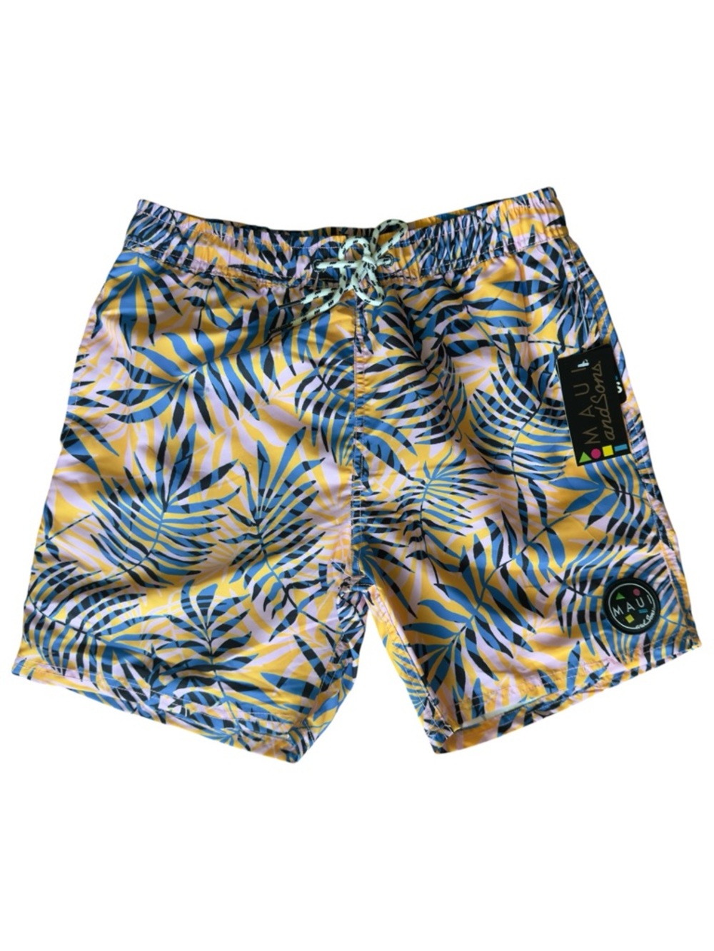 Maui and Sons Trilogy Yellow & Blue Palm Leaf Swim Trunks Men’s Small NWT